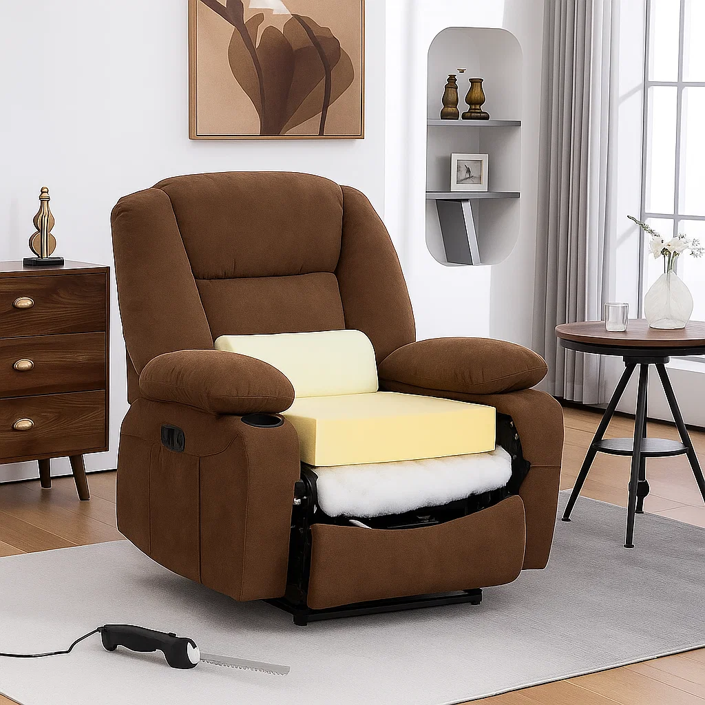 Recliner with seat cushion removed and high-density foam replacement placed partially inside.