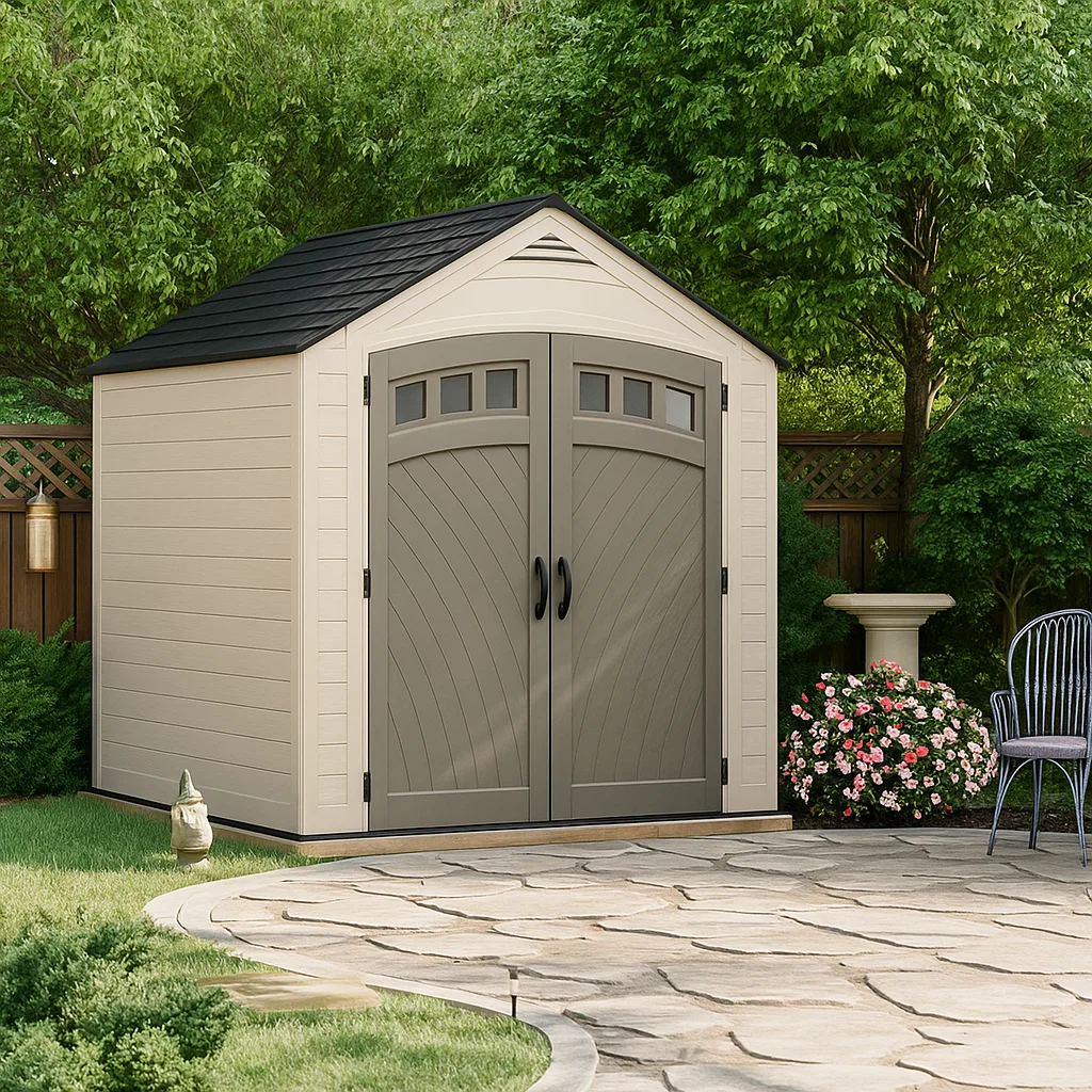 Tan resin shed with arched doors and a decorative stone pathway.