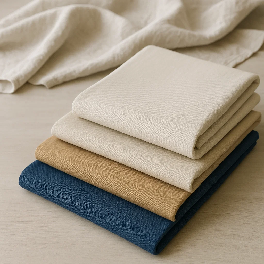 Neatly stacked neutral and blue slipcover fabrics on a table, ready for an upholstery or sewing project.