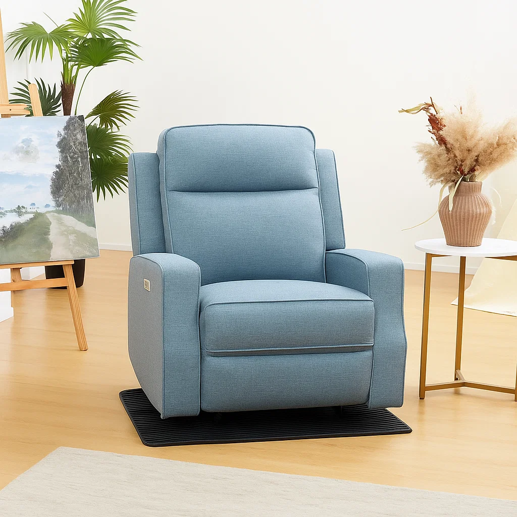 Recliner placed on large black rubber mat for enhanced grip on smooth hardwood flooring surface.