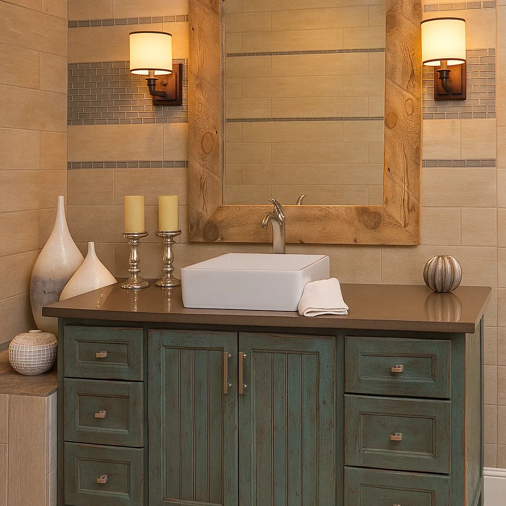 Rustic green bathroom vanity with square sink, large wood mirror, candles, and decorative vases.
