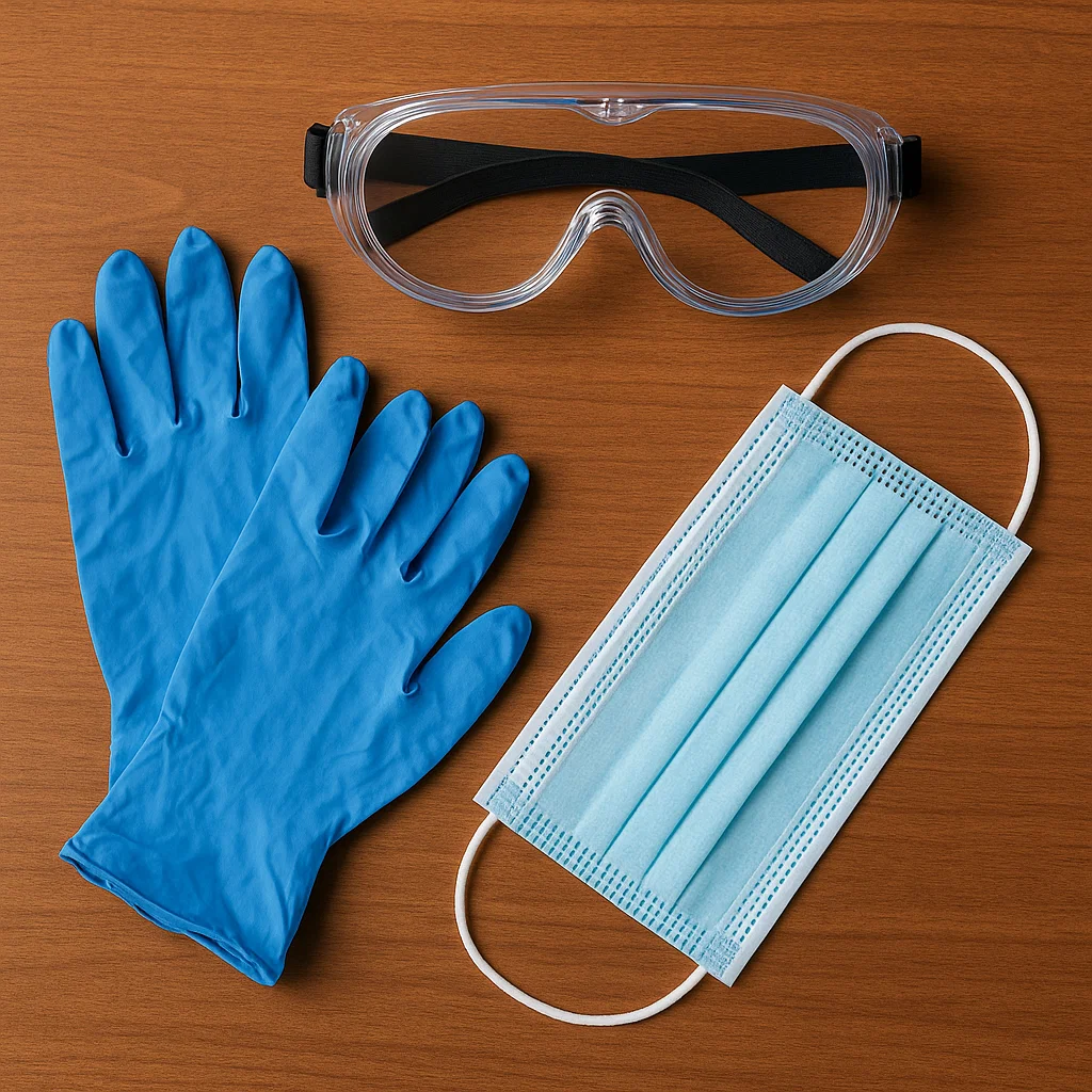 protective gloves, goggles, and mask before starting outdoor stair railing project.
