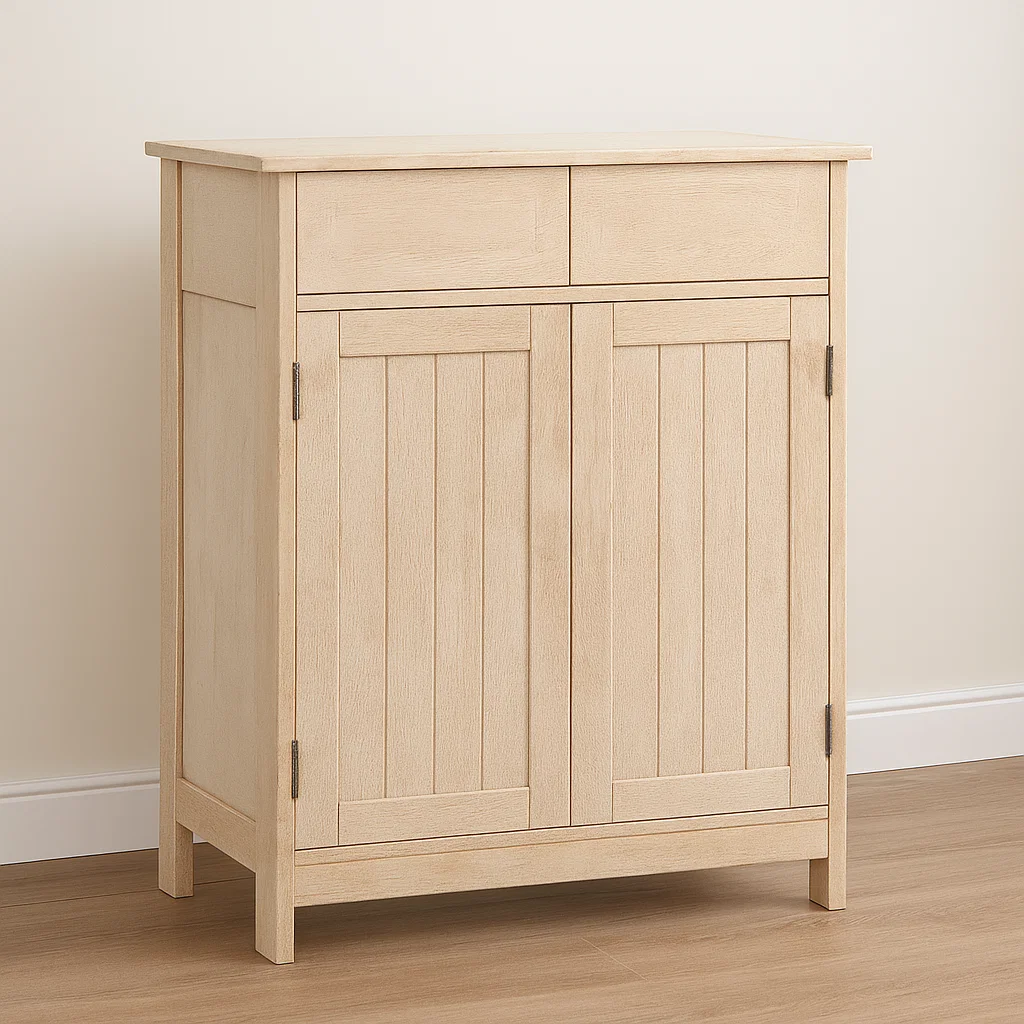 Light wood storage cabinet with paneled double doors standing against a plain beige wall and wood floor.