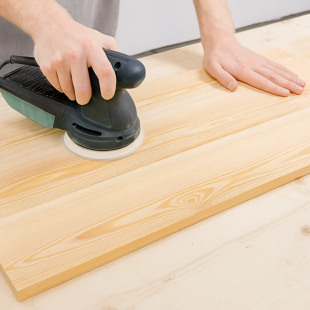 Close-up of a person smoothing pine boards using a handheld orbital sander