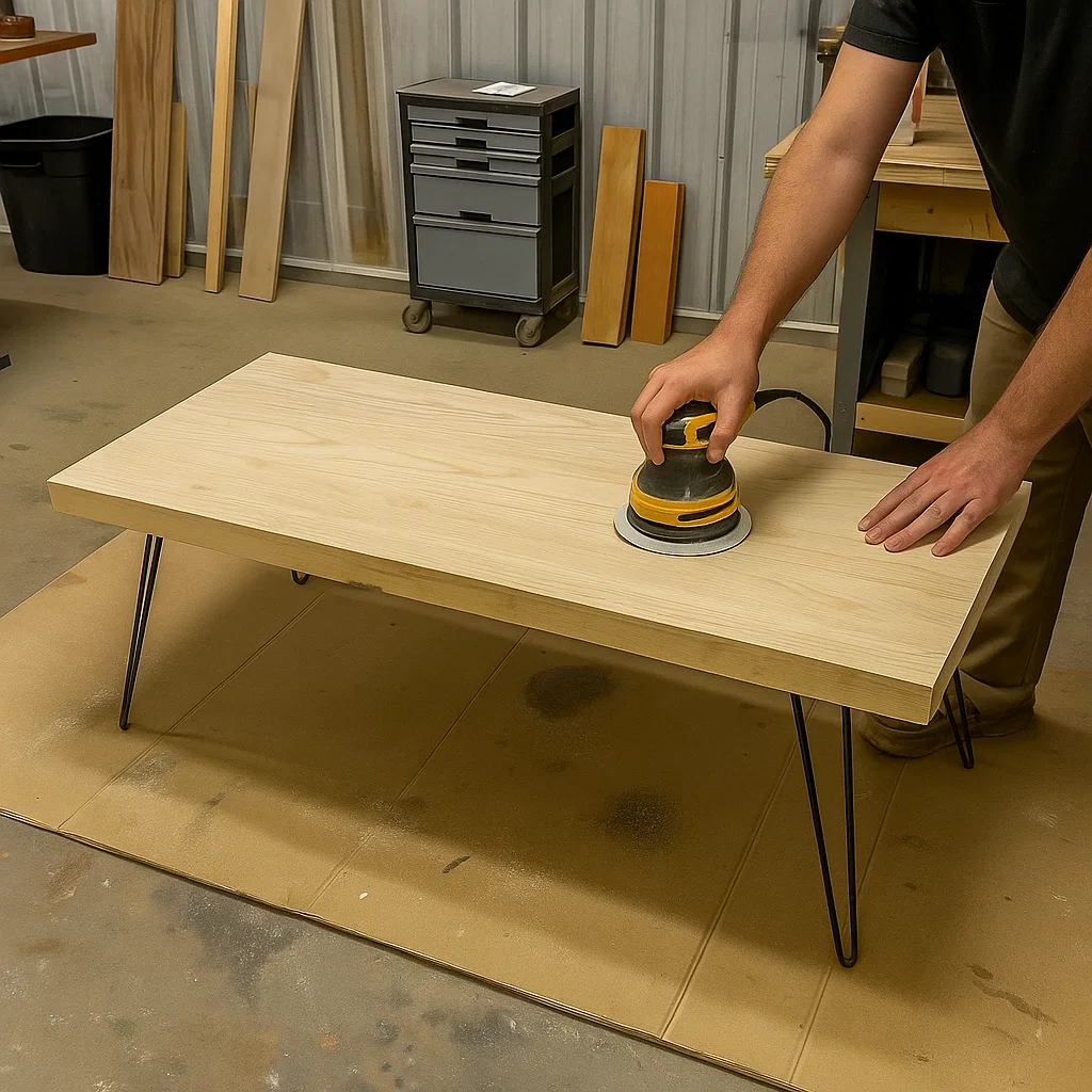 Sanding a coffee table with an orbital sander to remove the old finish and expose raw wood.
