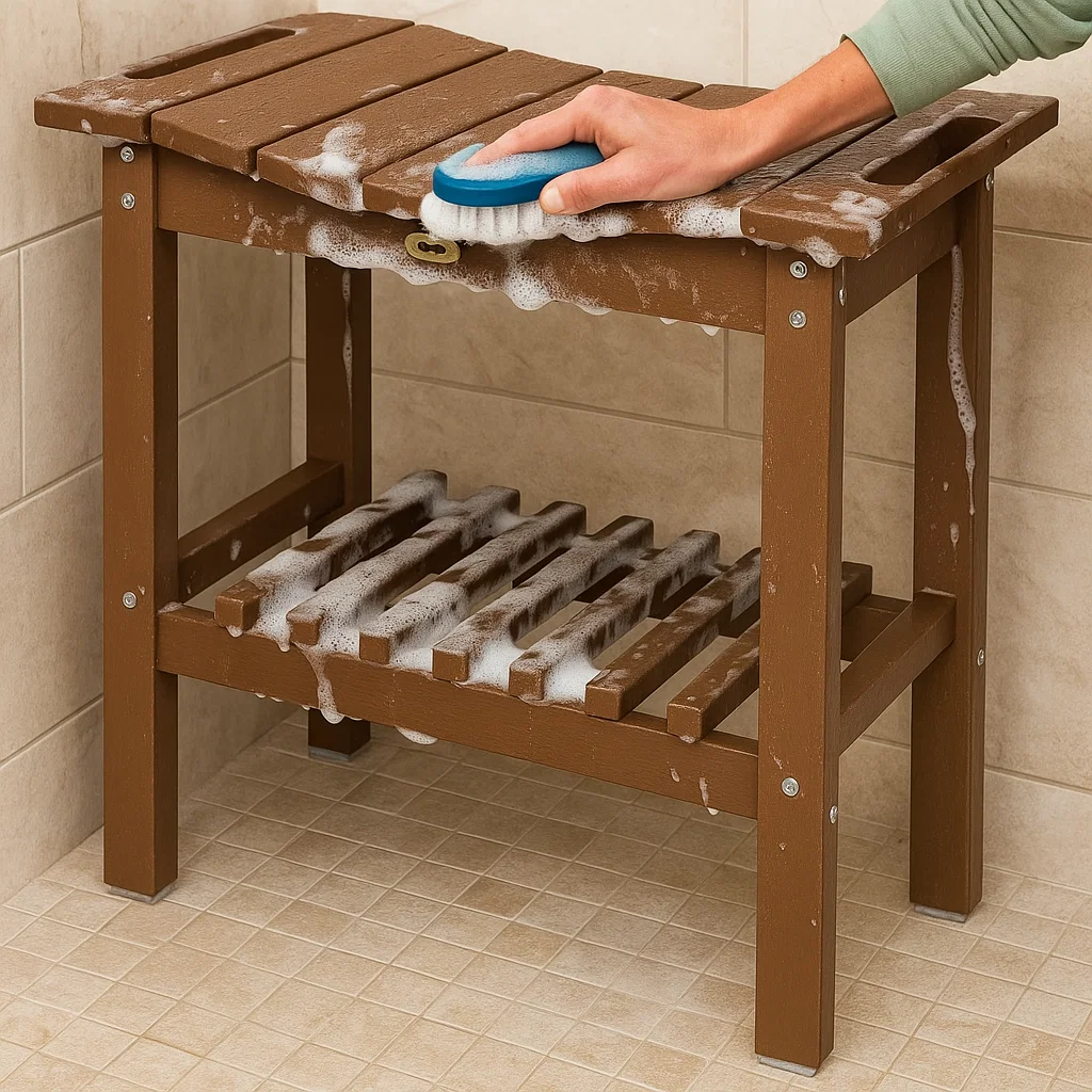 Person scrubbing a soapy wooden shower bench with a brush inside a tiled shower area.

