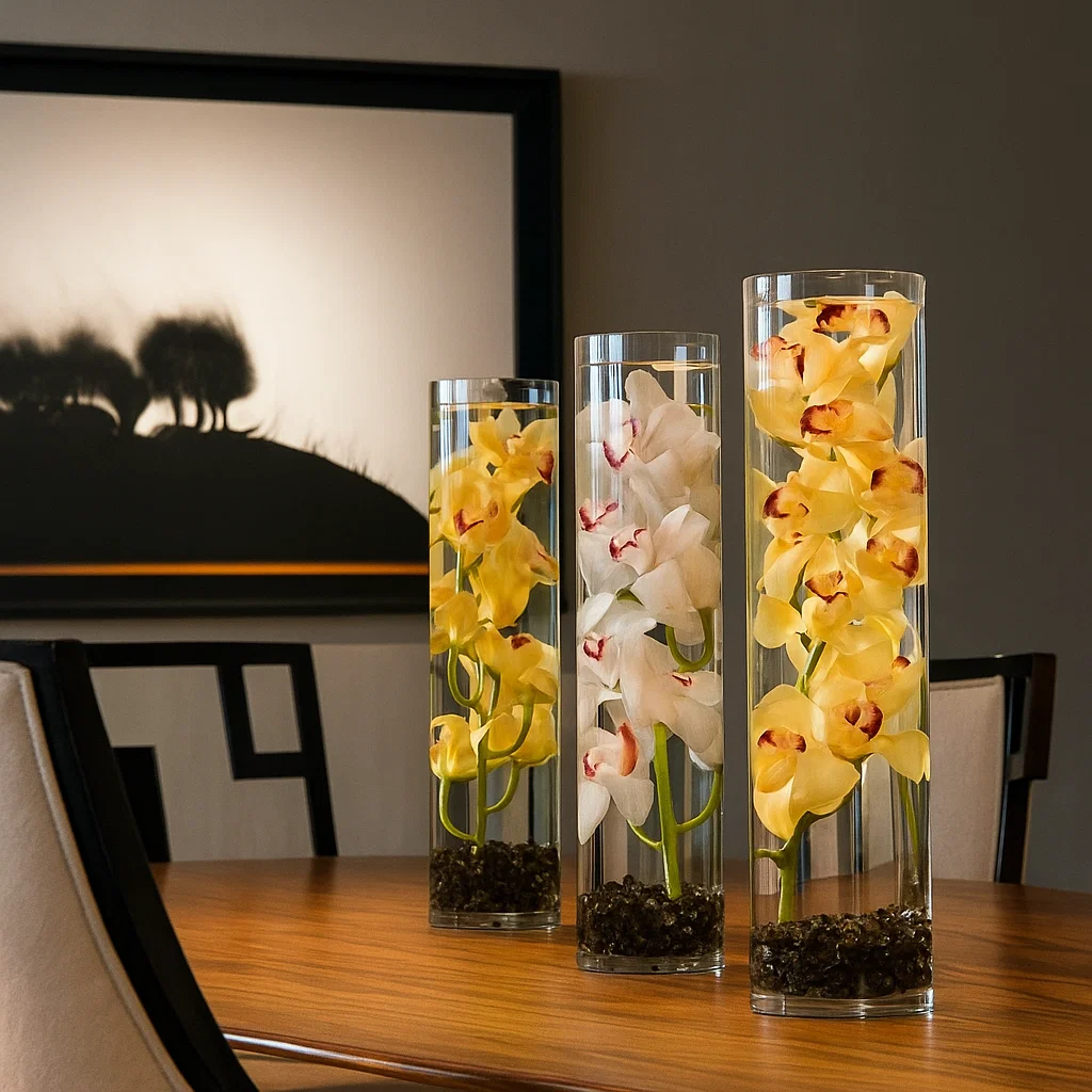 Dining table decorated with tall glass vases filled with yellow and white orchids and pebbles.