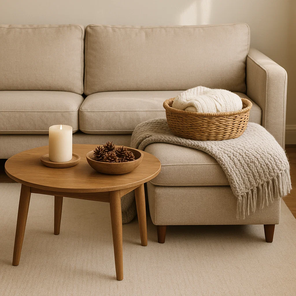 Coffee table with candle and bowl of pinecones, with a cozy blanket.
