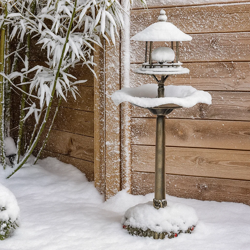 Bird bath covered in snow, surrounded by snow-covered garden plants.
