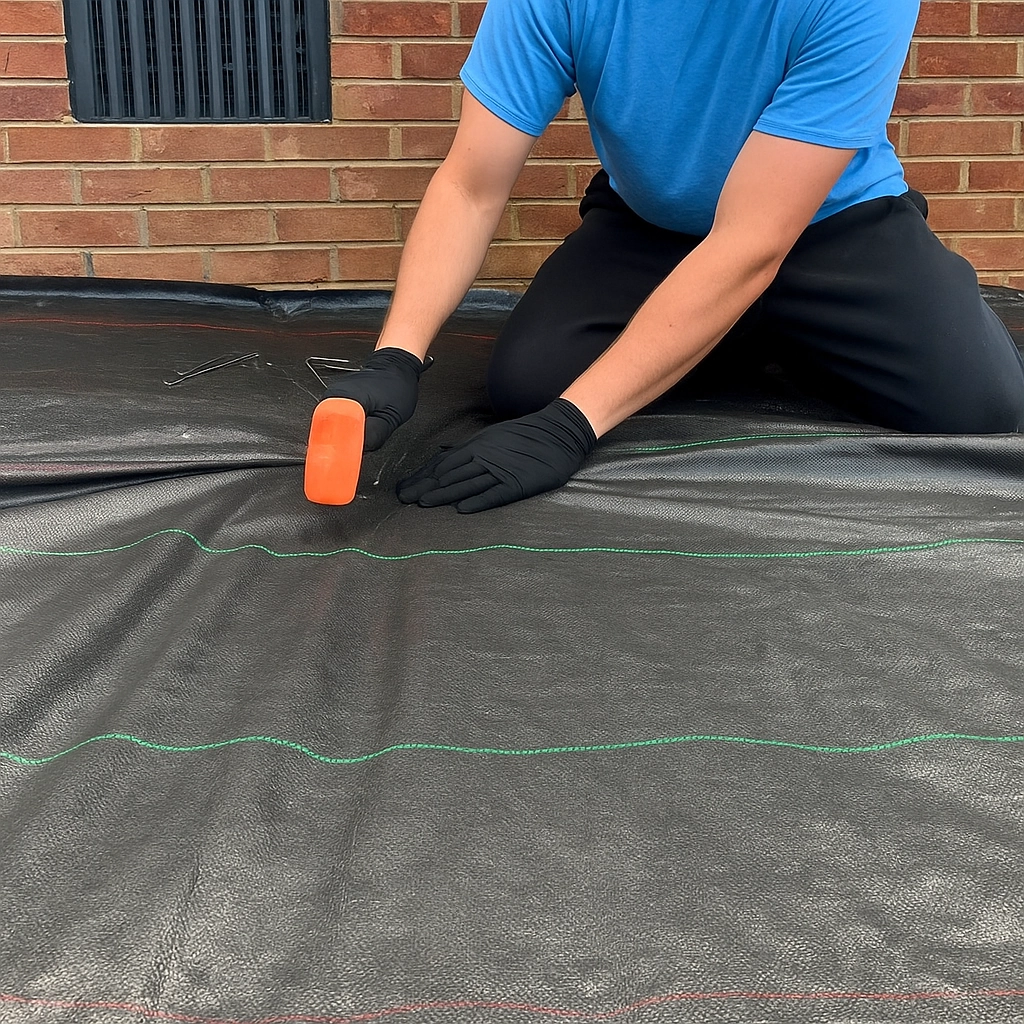 Using landscape pins to secure weed barrier fabric firmly to the ground.
