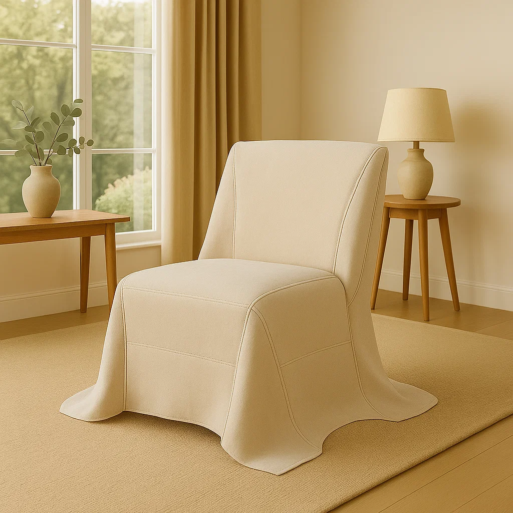 Beige slipper chair with freshly sewn slipcover, neatly tailored and draped in a sunlit, neutral room.