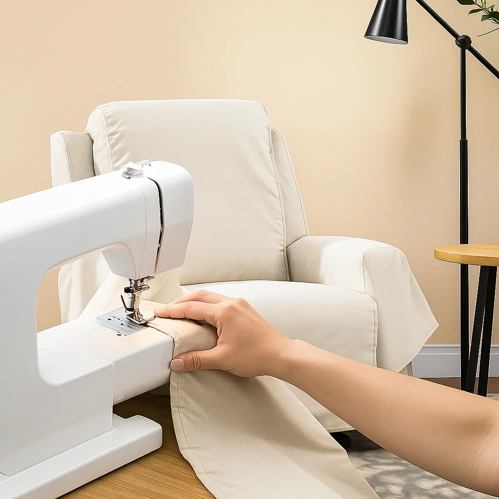Person sewing custom fabric cover pieces for recliner using a sewing machine.
