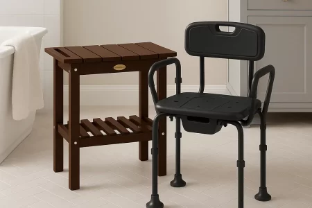 Shower bench and chair comparison for bathroom safety and comfort.