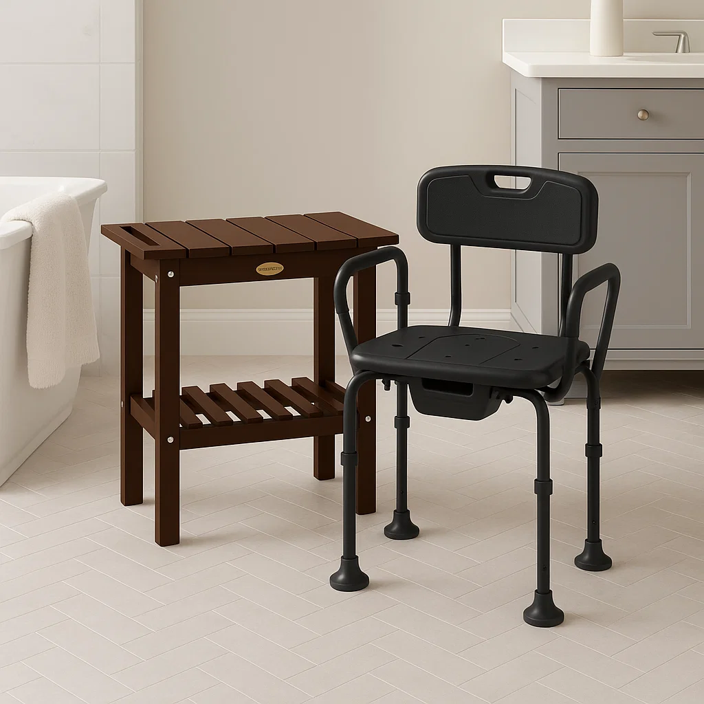Shower bench and chair comparison for bathroom safety and comfort.
