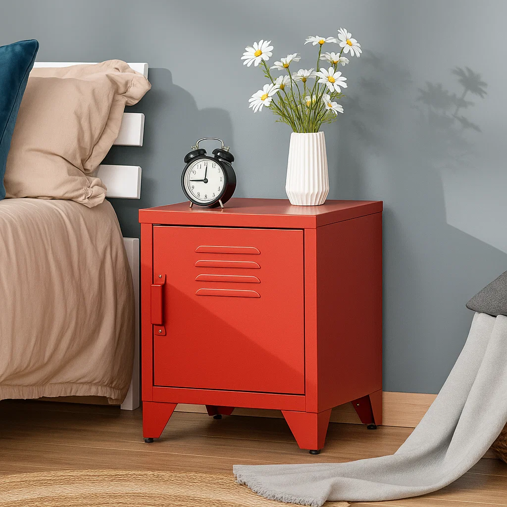 side table with a locker-style metal door, combining function with edgy design.