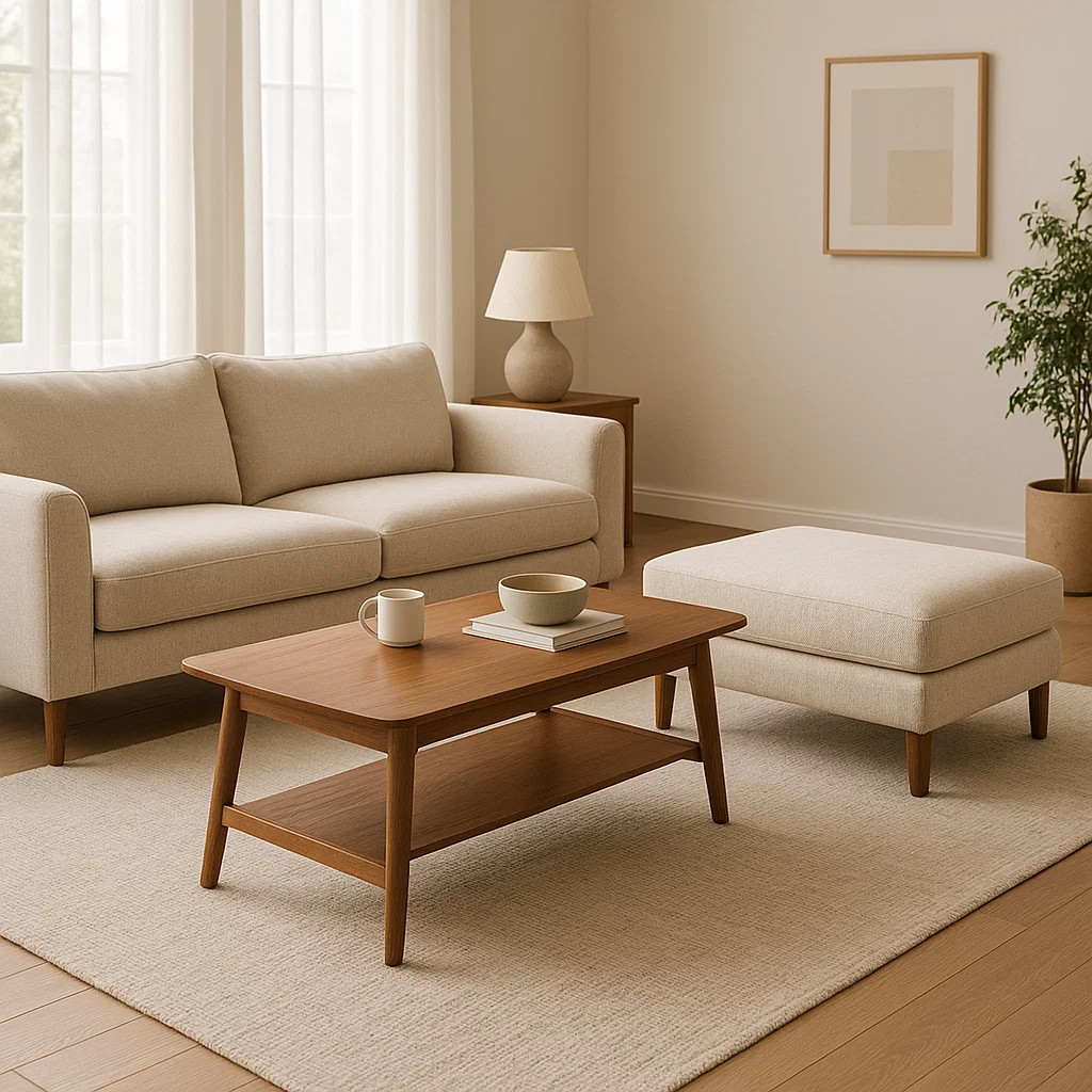 Sofa and coffee table in warm beige tones with soft, minimalist decor.
