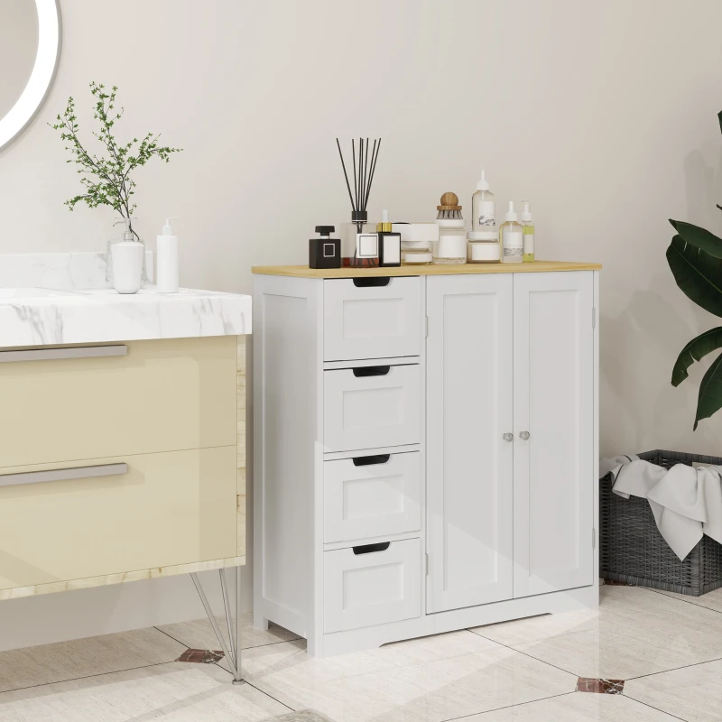 White cabinet with drawers and shelves, topped with toiletries and decor in a contemporary bathroom.