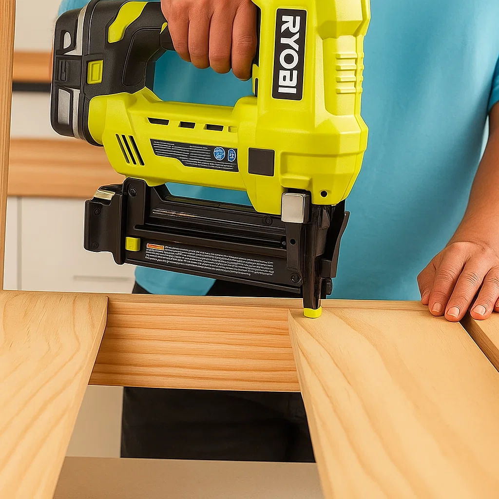 DIYer using a nail gun to attach wooden frame components during kitchen island cart assembly.