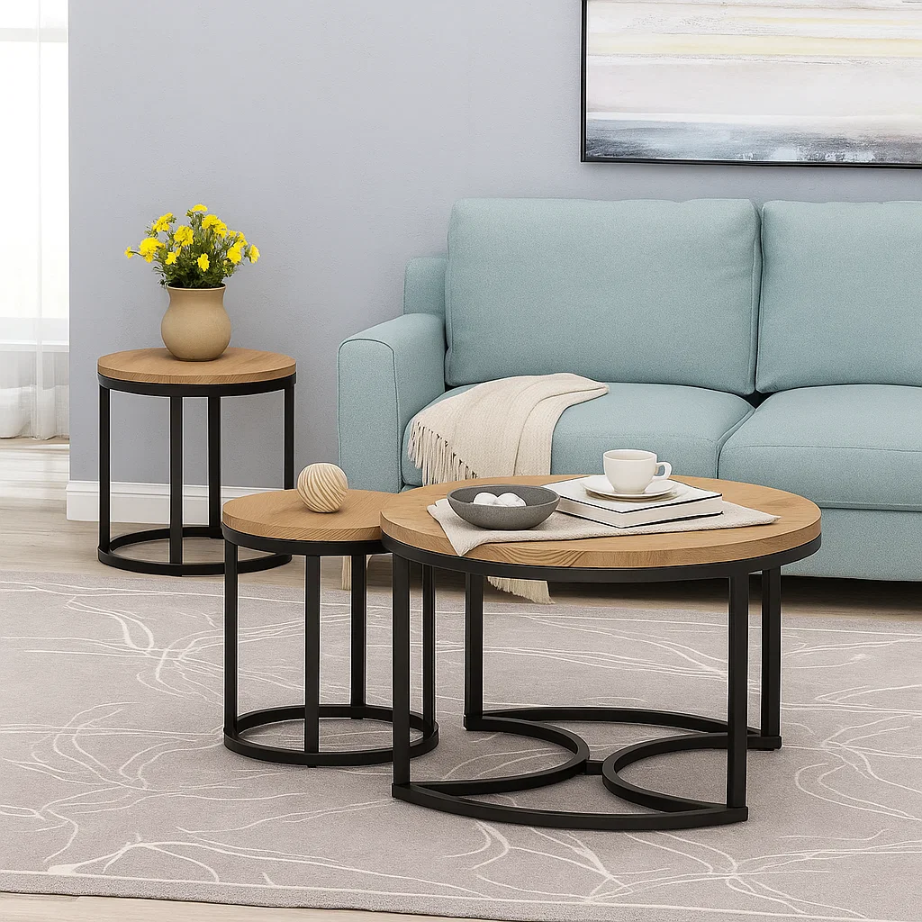 Coffee table styled with soft textiles, neutral accessories, and cozy throws for a relaxed, layered feel.