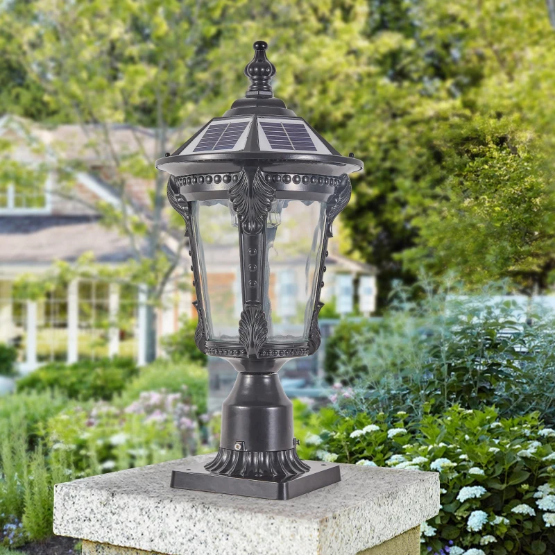 Solar-powered post lantern with a traditional design in a garden