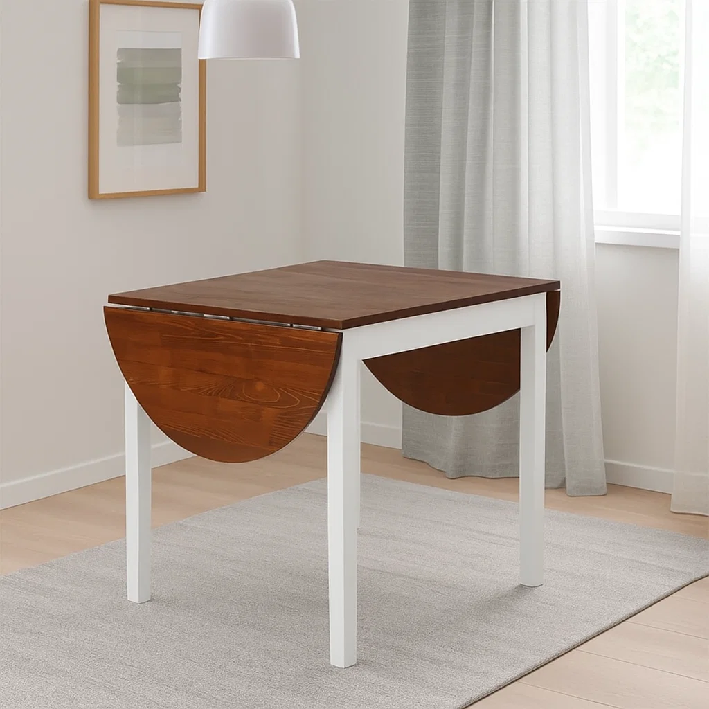 Space-saving drop-leaf wood table with two stools in a bright, multifunctional kitchen area