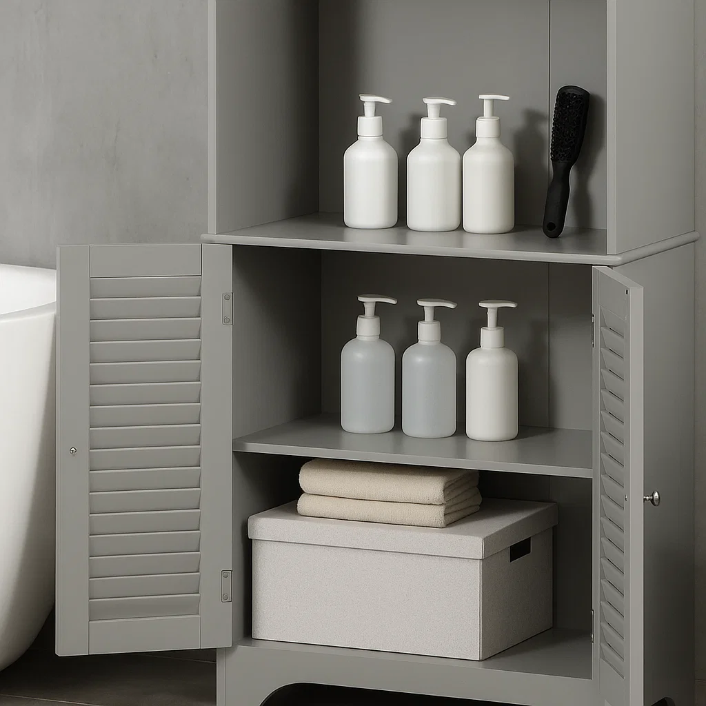 Grey bathroom cabinet with sorted bottles, towels, and storage box on open shelves.