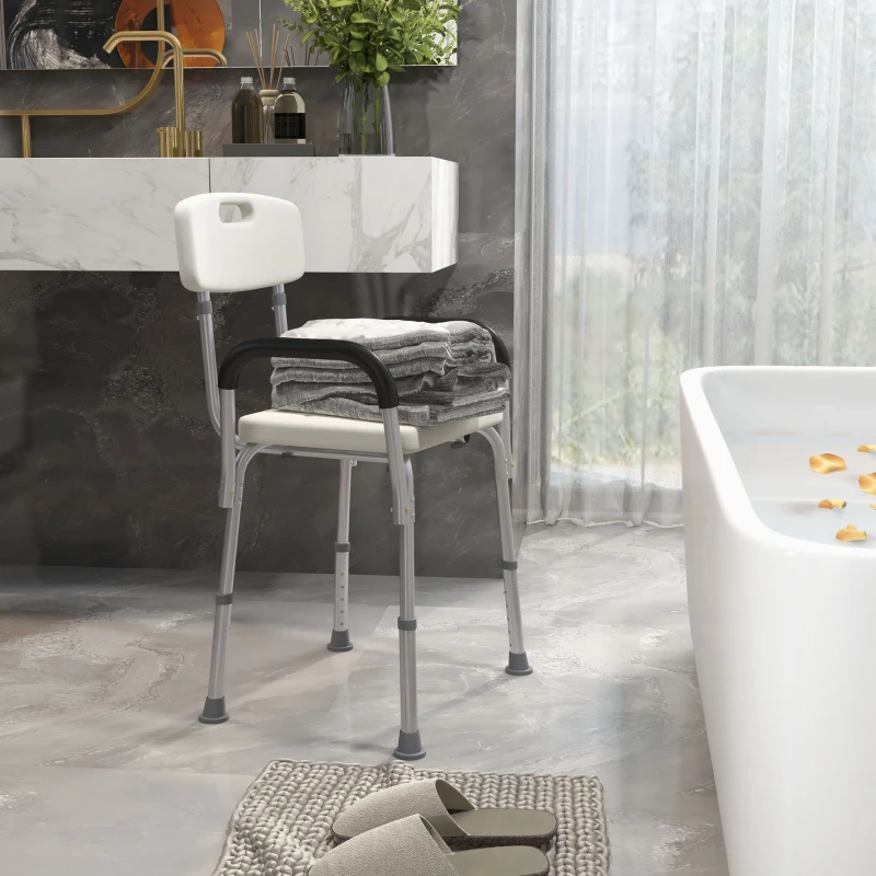 Shower chair with backrest and armrests, larger size may be unsuitable for small bathrooms.

