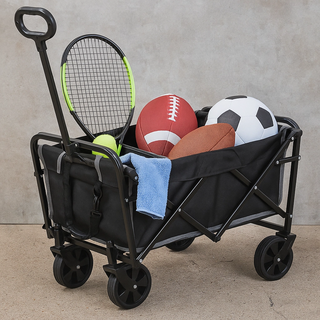 Heavy-duty wagon with thick wheels carrying sports equipment