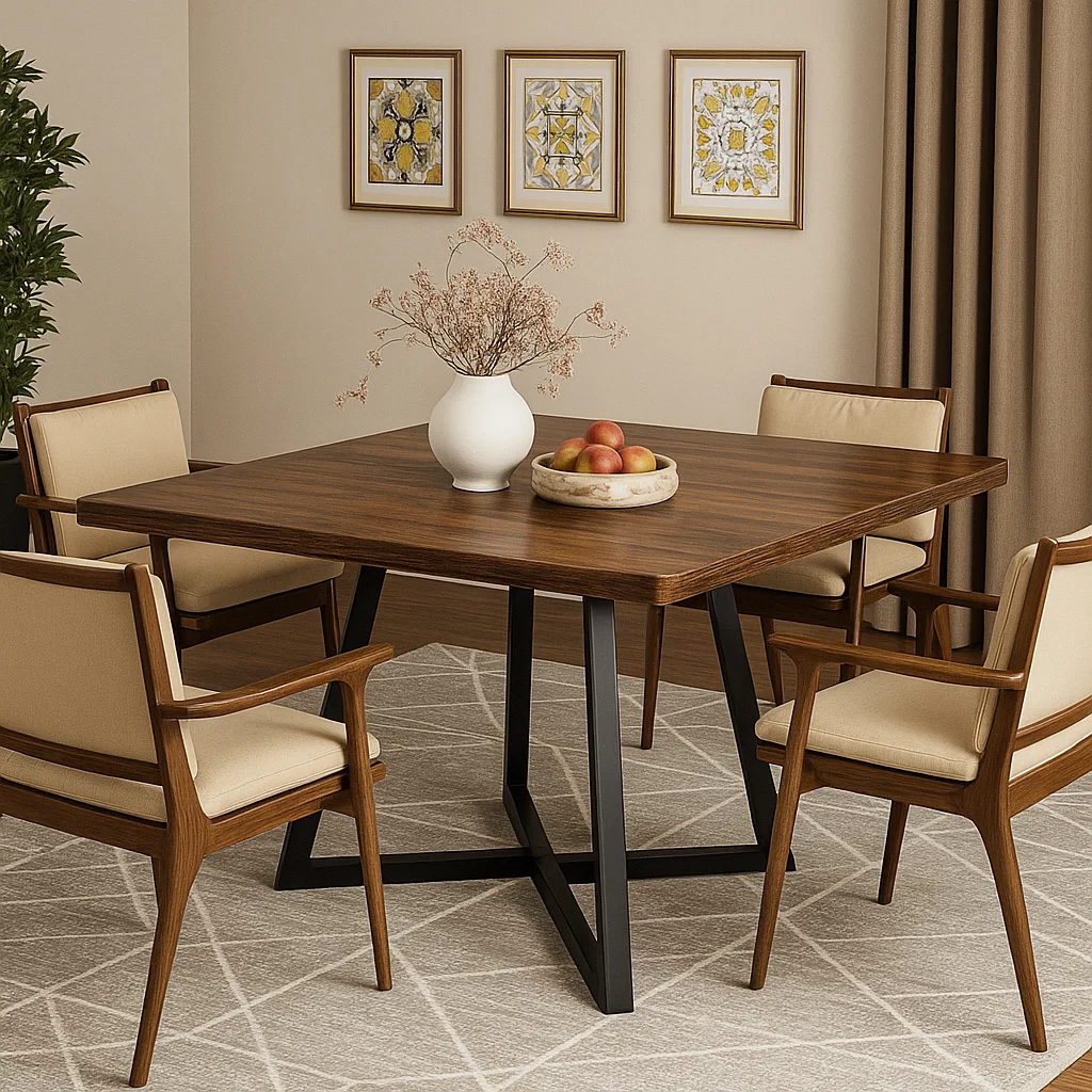 Modern square dining table for four with sleek black frame and neutral-toned chairs in minimalist room