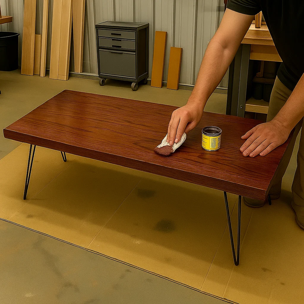 Applying a dark wood stain to a refinished coffee table using a clean cloth in a workshop.
