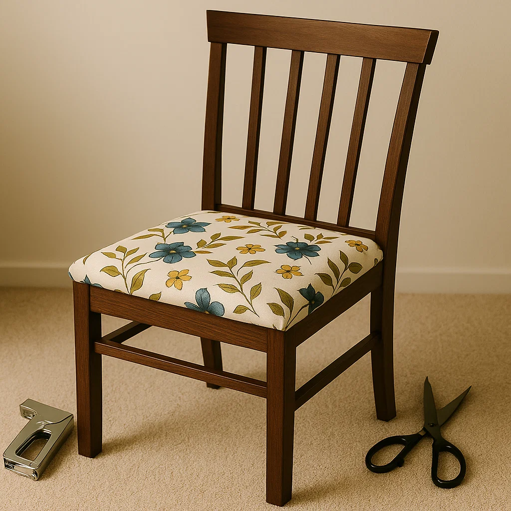 Wooden chair with floral upholstered seat, scissors and staple gun on floor