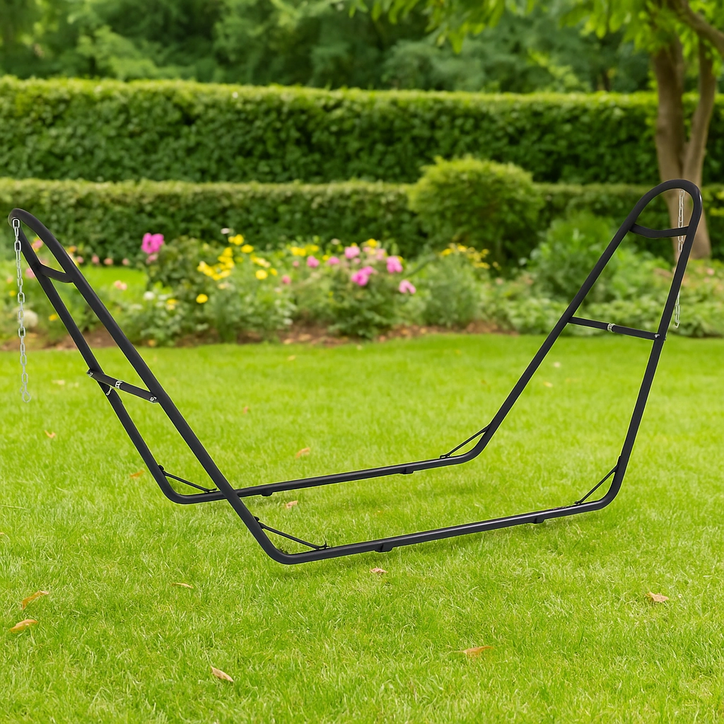 Vibrant striped hammock with steel stand set in lush garden creating a cozy, inviting retreat.