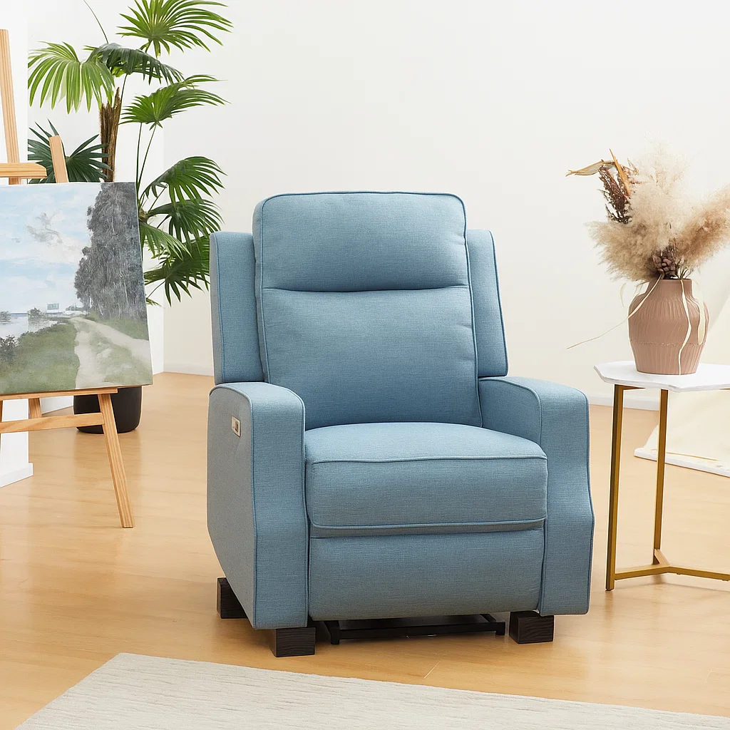Blue recliner resting on hardwood floor with visible brown wood stop blocks placed under rear legs.