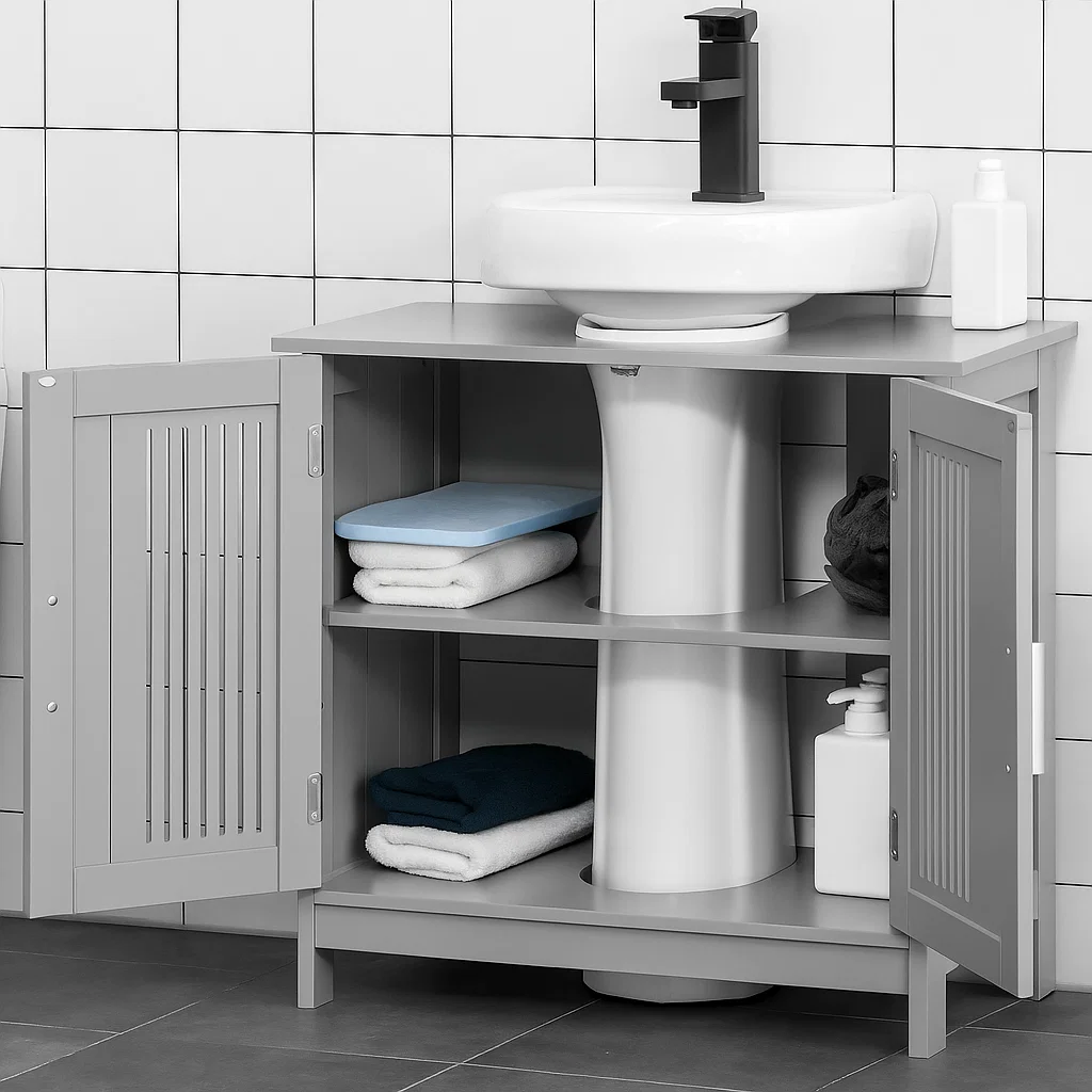 Open grey cabinet under sink, storing towels and essentials in a modern tiled bathroom.