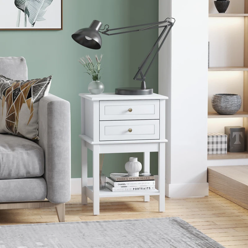 End table with a drawer and shelf for storage.