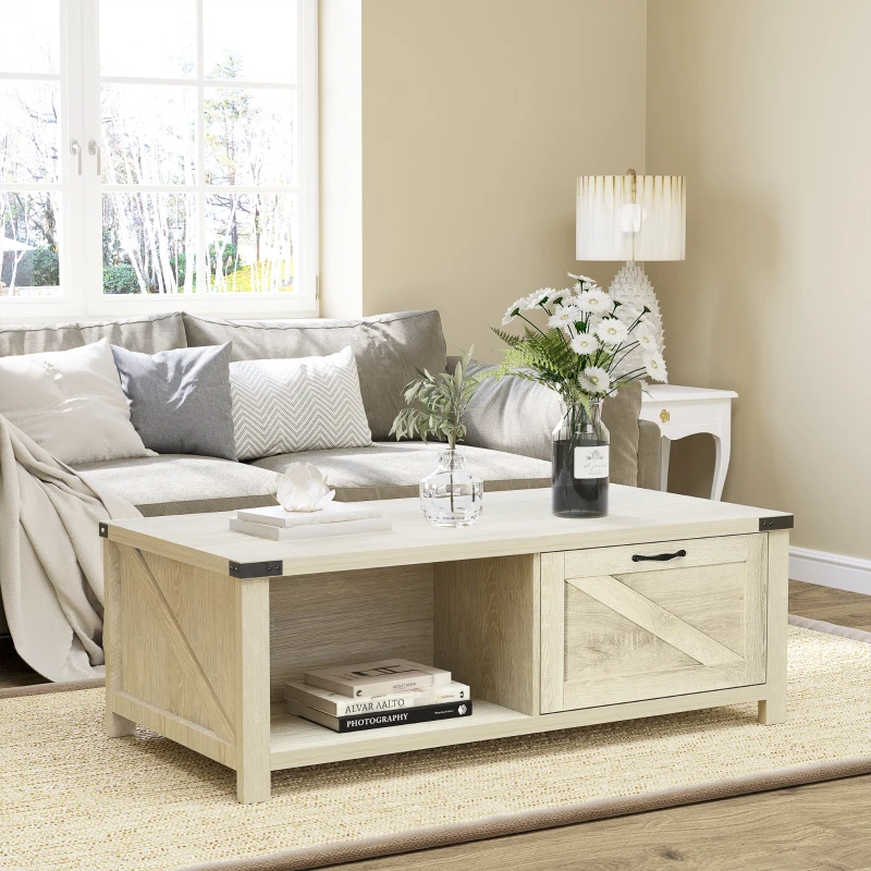 Coffee table with storage compartments for books and decor.