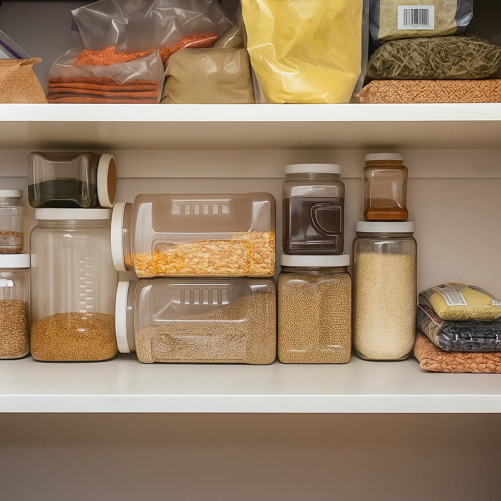 Labeled airtight containers filled with pasta, flour, and cereals neatly arranged on shelves.