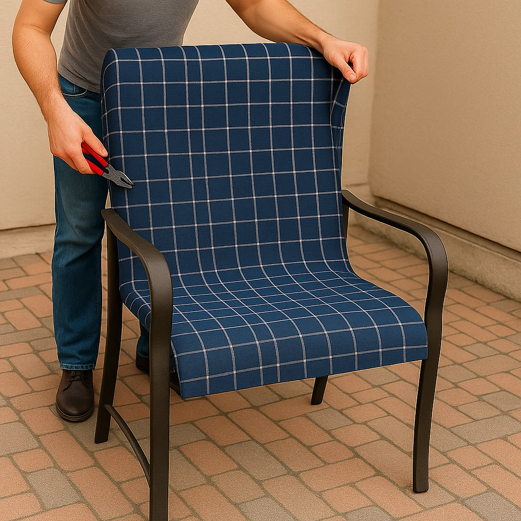 Man pulling and adjusting fabric tightly over patio chair frame for a smooth, secure fit.