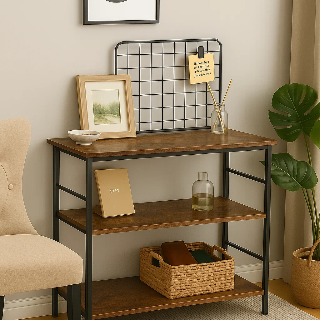 Grid board, framed art, and minimalist styling on console table used as a creative mini workstation.
