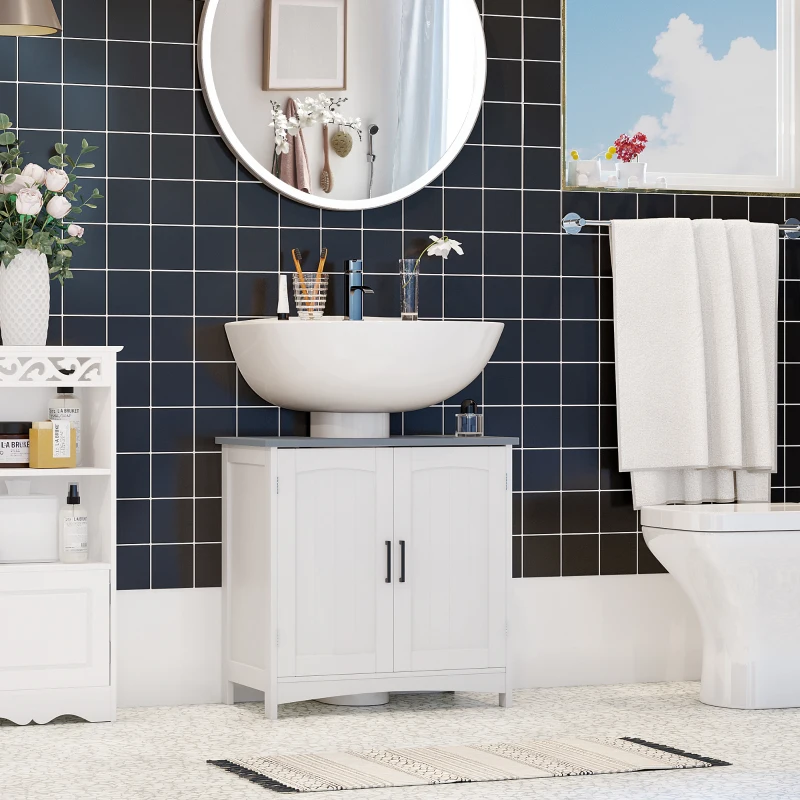 Contemporary white bathroom vanity with double doors and mirror, black tiled accent wall.
