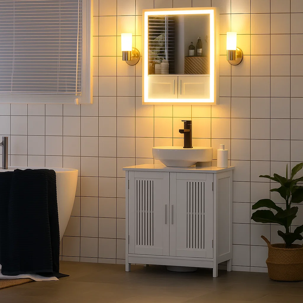 Bathroom with glowing mirror and soft wall lights, creating a cozy, inviting atmosphere.