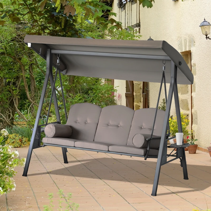 Wooden porch swing hanging in a sunny backyard, ideal for outdoor relaxation.