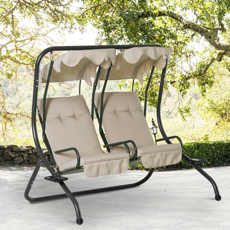 Large garden swing placed in a wide backyard area with ample swinging room.