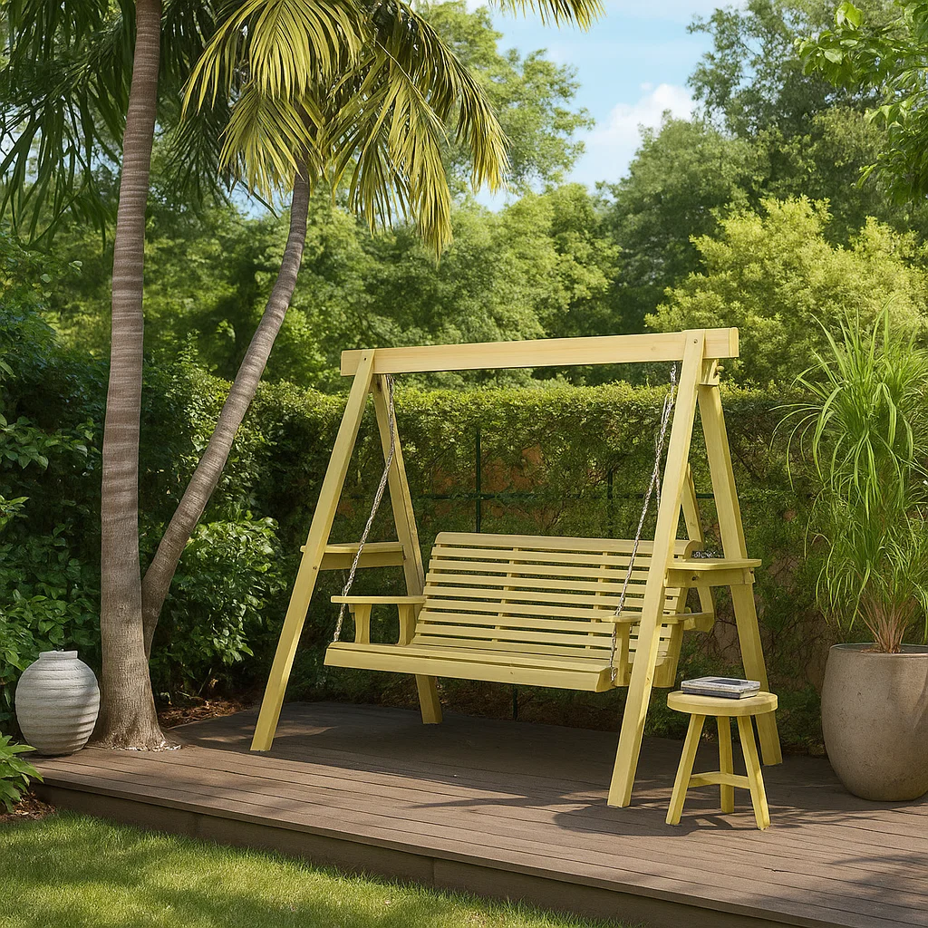 Classic wooden swing bench with vintage style, adding rustic charm to a front porch.
