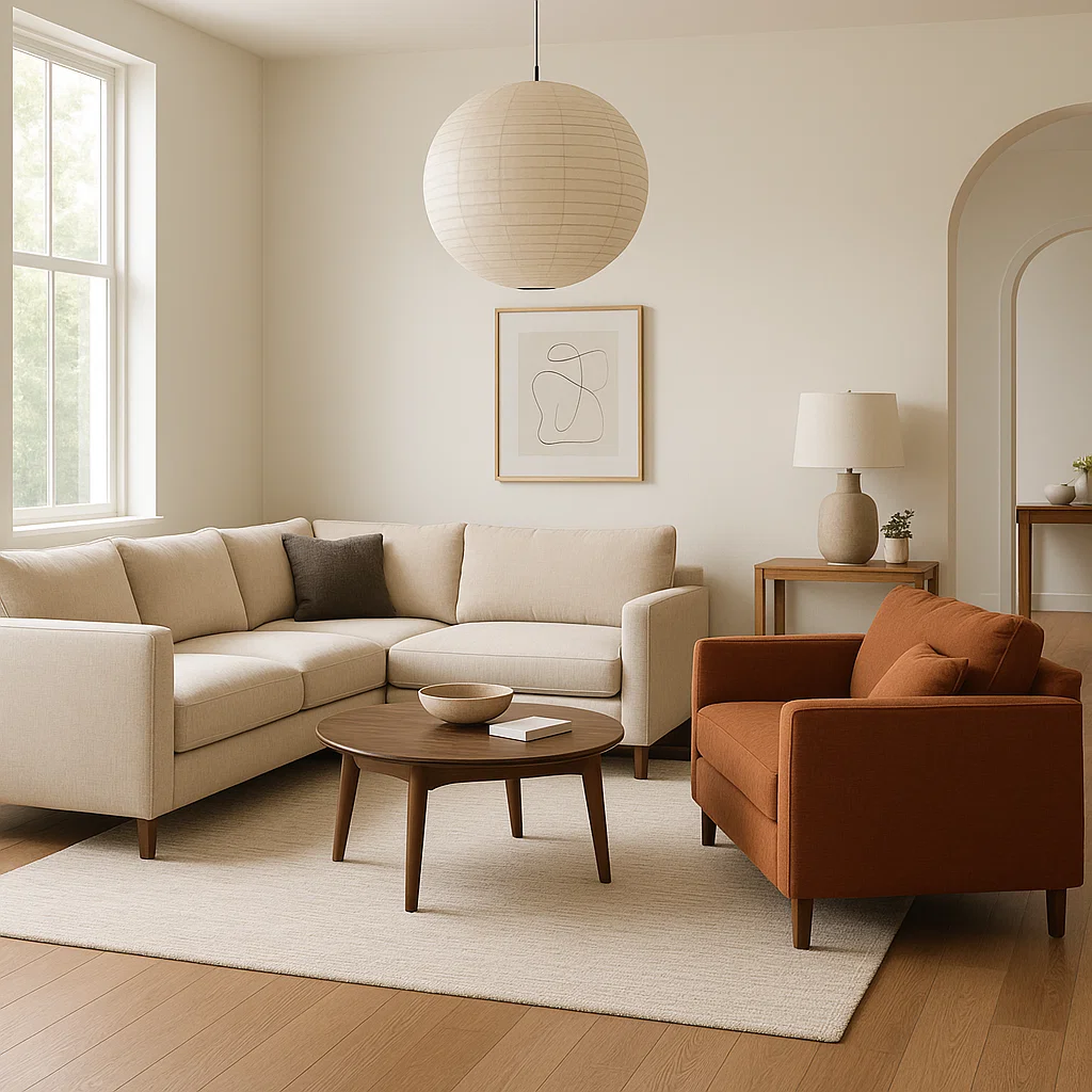 Beige sectional and rust-coloured accent chair arranged in a T-shape for a stylish look.