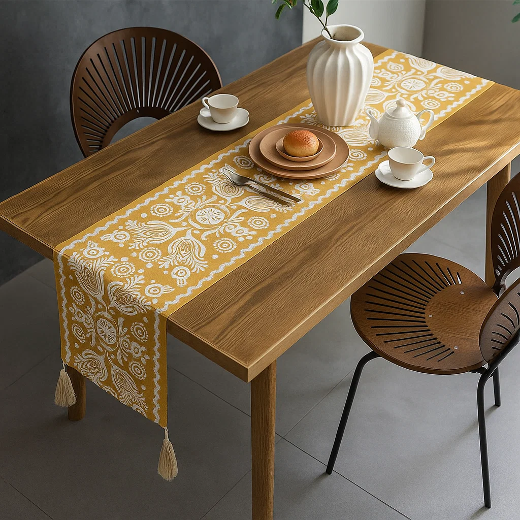 Wooden table with yellow patterned table runner, white teapot, cups, and decorative vase centerpiece.

