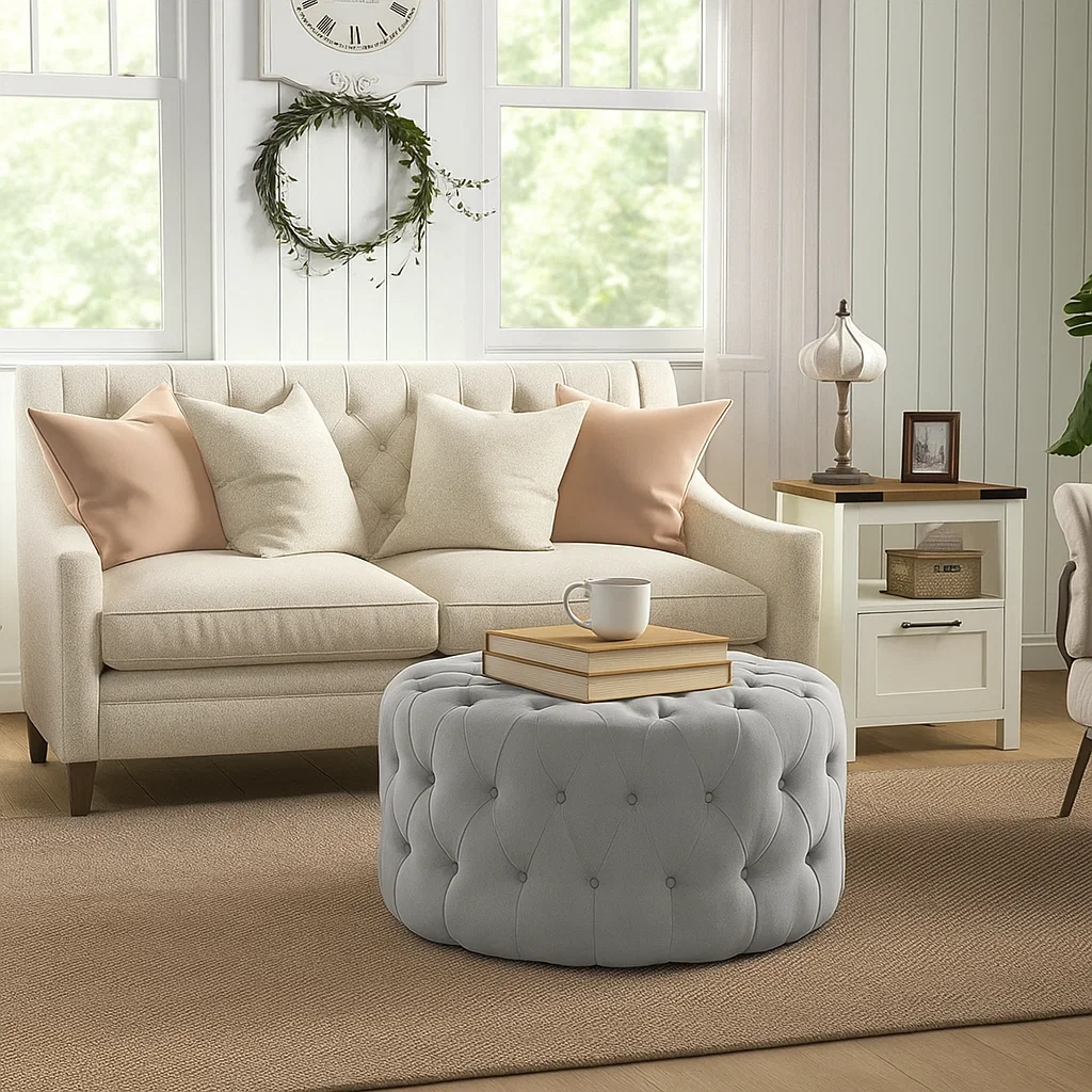 Ottoman coffee table with stacked hardcover books and mug, styled as a minimal yet functional surface.
