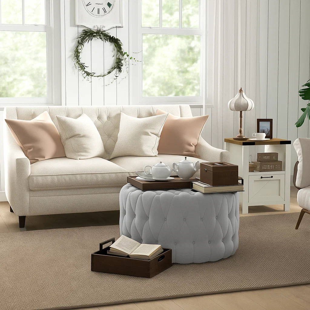 Tufted ottoman used as a table with layered trays, tea set, storage box, and open books.
