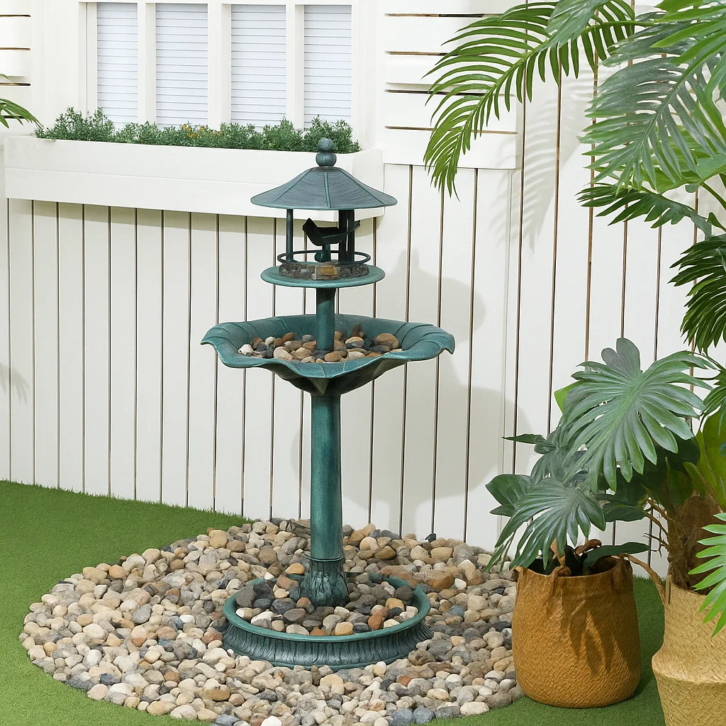 Bird bath with stones and gravel surrounding it for a natural, rustic appearance.