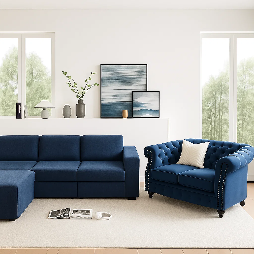 Blue sectional and tufted blue loveseat in a modern room with large windows and art.
